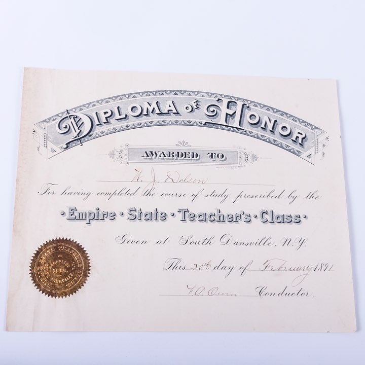 A diploma of honor awarded in 1891 in New York. Part of the Honor