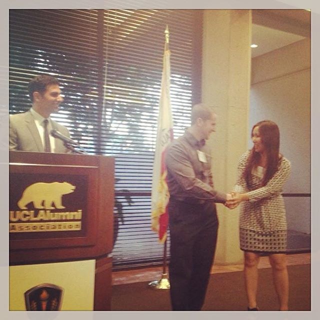 UCLA professor shaking hands with an excited scholarship recipient! #honorsociety